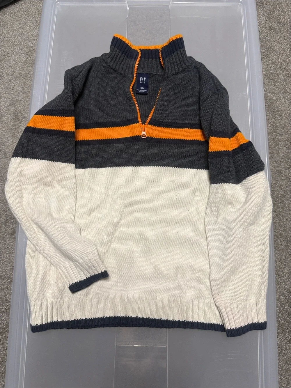 GAP kids size 10 Half-Zip Striped Sweater - Charcoal, Cream & Orange